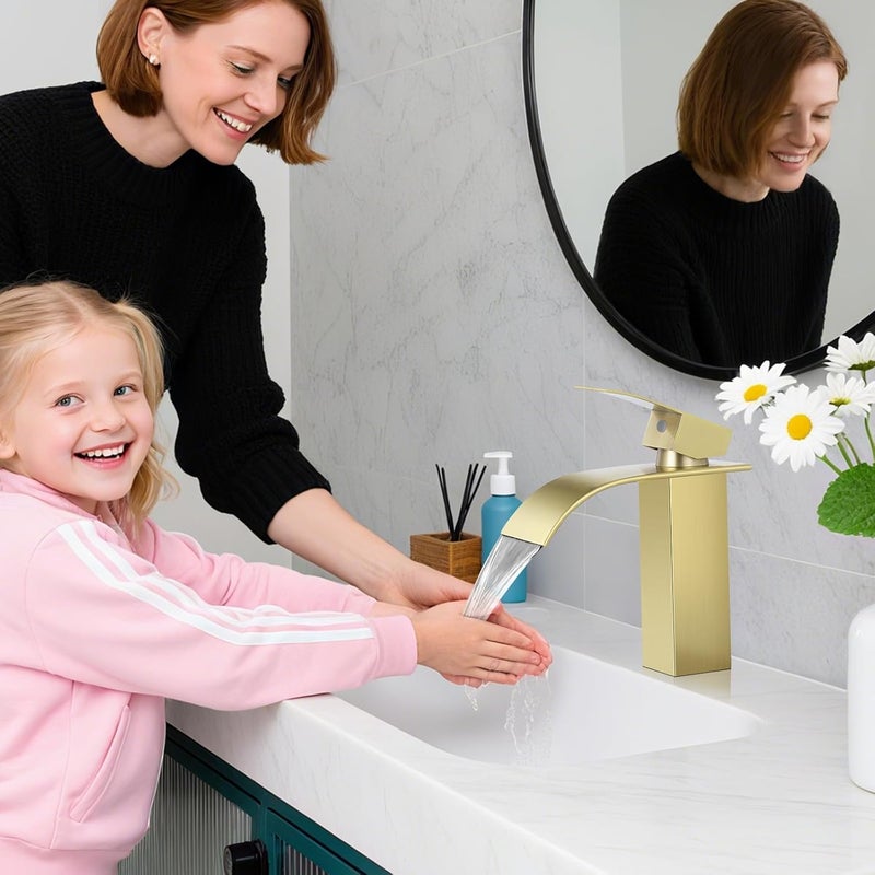 LUFG Bathroom Faucets Brushed Gold Waterfall Bathroom Sink Faucet Modern Single Handle Bathroom Faucet for 1 or 3 Hole Mxier Tap Washbasin Faucet with Deck, Pop-up Drain and Supply Hoses 2 Pack - Image 2